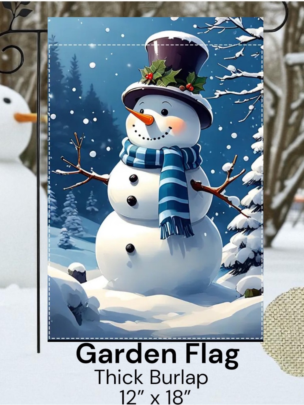 Snowman Garden Flag, approx 12”x18”, Thick Burlap